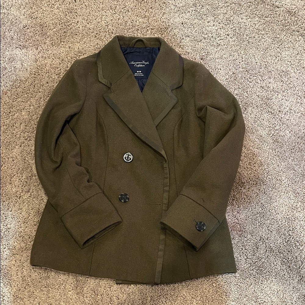 American Eagle Outfitters Green Double-Breasted Pea Coat-wool